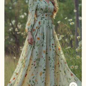 LinenVibes Linen Maxi Dress, Long Sleeves, V Neck, Floral, Apricot, NEW w/ tags